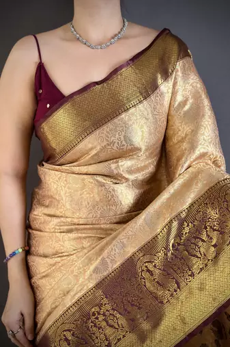 Beige floral, kanjivaram, zari woven kanchipuram silk saree with blouse