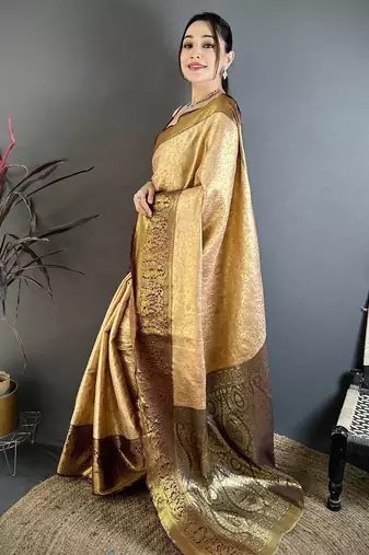 Beige floral, kanjivaram, zari woven kanchipuram silk saree with blouse