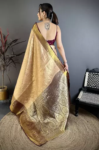 Beige floral, kanjivaram, zari woven kanchipuram silk saree with blouse
