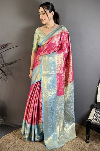 Dark pink floral, kanjivaram, zari woven kanchipuram silk saree with blouse
