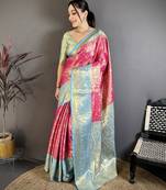 Dark pink floral, kanjivaram, zari woven kanchipuram silk saree with blouse