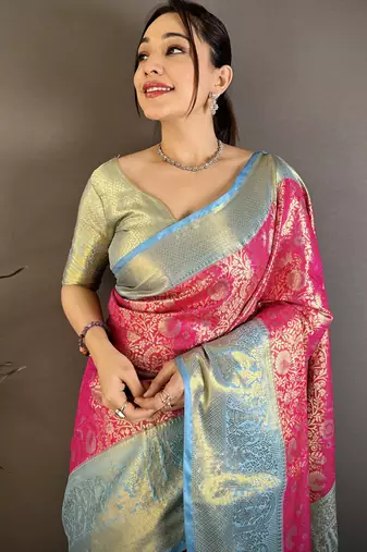 Dark pink floral, kanjivaram, zari woven kanchipuram silk saree with blouse
