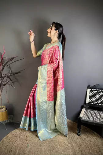 Dark pink floral, kanjivaram, zari woven kanchipuram silk saree with blouse