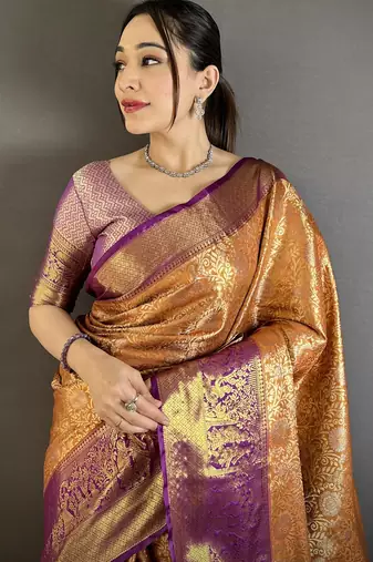 Orange floral, kanjivaram, zari woven kanchipuram silk saree with blouse
