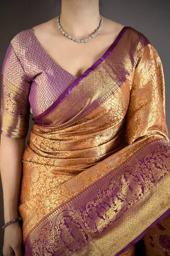 Orange floral, kanjivaram, zari woven kanchipuram silk saree with blouse