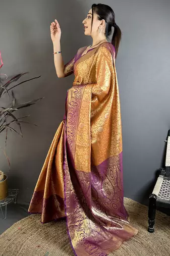 Orange floral, kanjivaram, zari woven kanchipuram silk saree with blouse