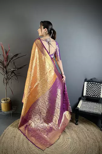 Orange floral, kanjivaram, zari woven kanchipuram silk saree with blouse