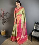 Parrot green floral, kanjivaram, zari woven kanchipuram silk saree with blouse