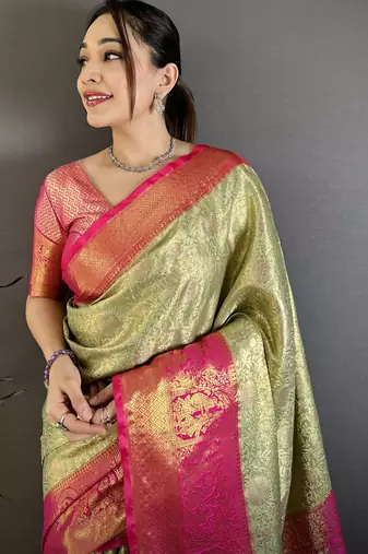 Parrot green floral, kanjivaram, zari woven kanchipuram silk saree with blouse