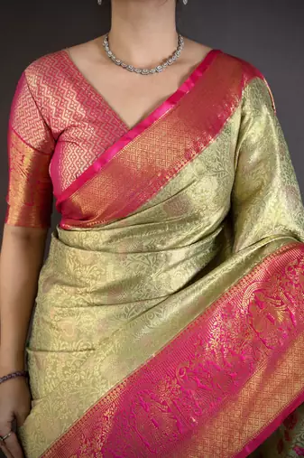 Parrot green floral, kanjivaram, zari woven kanchipuram silk saree with blouse