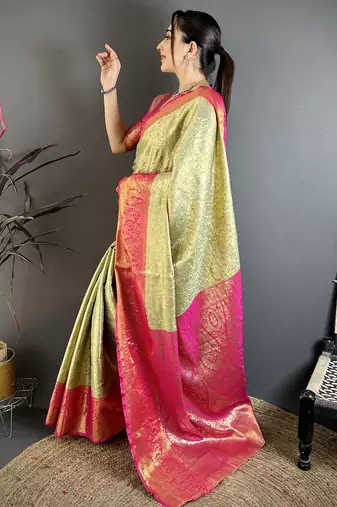 Parrot green floral, kanjivaram, zari woven kanchipuram silk saree with blouse
