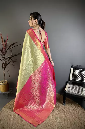 Parrot green floral, kanjivaram, zari woven kanchipuram silk saree with blouse