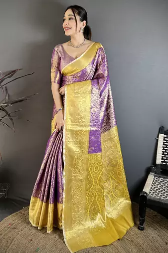 Purple floral, kanjivaram, zari woven kanchipuram silk saree with blouse