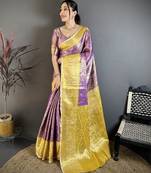 Purple floral, kanjivaram, zari woven kanchipuram silk saree with blouse