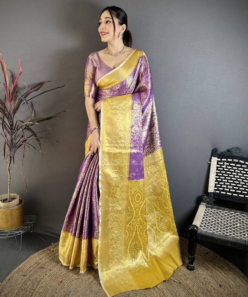 Purple floral, kanjivaram, zari woven kanchipuram silk saree with blouse