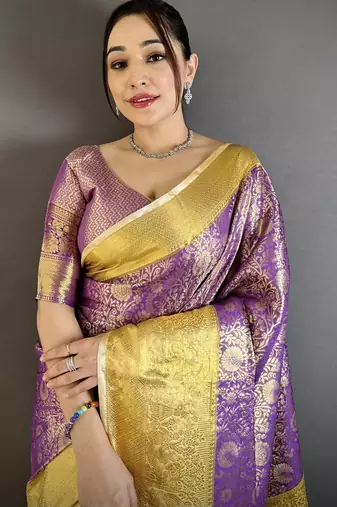 Purple floral, kanjivaram, zari woven kanchipuram silk saree with blouse