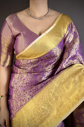 Purple floral, kanjivaram, zari woven kanchipuram silk saree with blouse