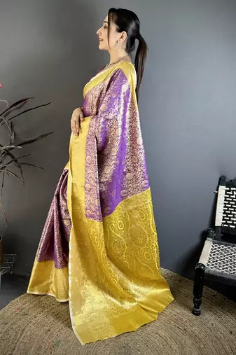 Purple floral, kanjivaram, zari woven kanchipuram silk saree with blouse