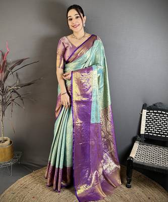 Sea green floral zari woven kanchipuram silk blend saree with blouse 1