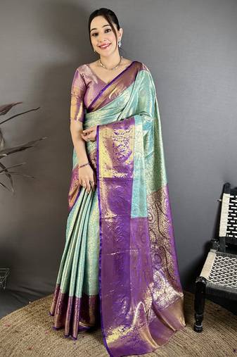 Sea green floral, kanjivaram, zari woven kanchipuram silk saree with blouse