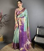 Sea green floral, kanjivaram, zari woven kanchipuram silk saree with blouse
