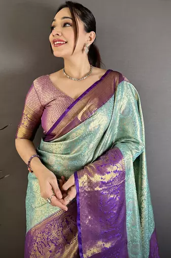 Sea green floral, kanjivaram, zari woven kanchipuram silk saree with blouse