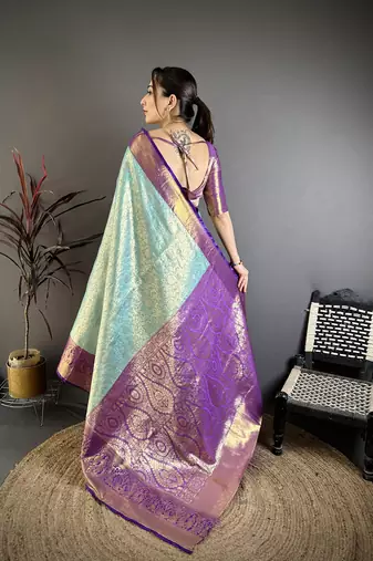 Sea green floral, kanjivaram, zari woven kanchipuram silk saree with blouse