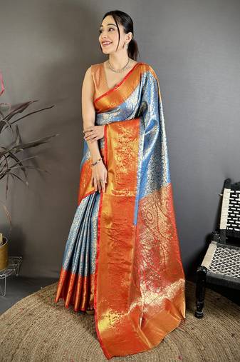 Sky blue floral, kanjivaram, zari woven kanchipuram silk saree with blouse