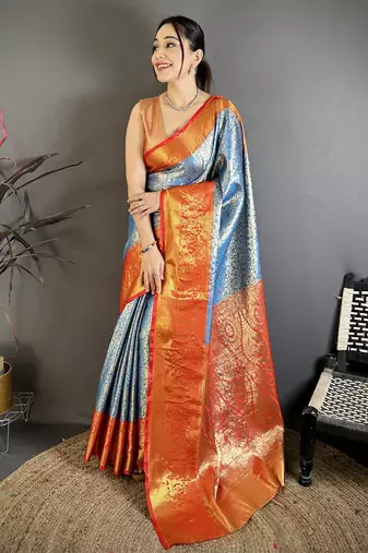 Sky blue floral, kanjivaram, zari woven kanchipuram silk saree with blouse