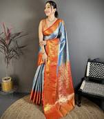 Sky blue floral, kanjivaram, zari woven kanchipuram silk saree with blouse