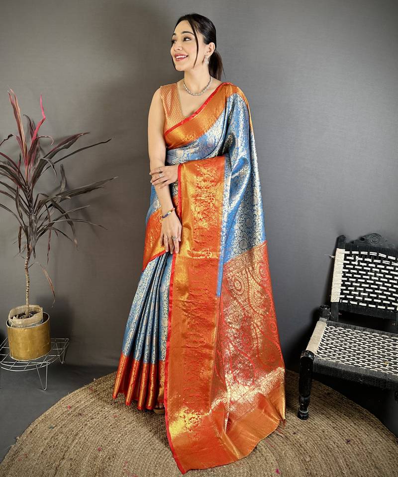 Sky blue floral, kanjivaram, zari woven kanchipuram silk saree with blouse