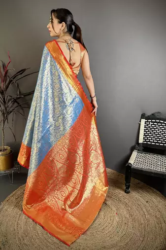 Sky blue floral, kanjivaram, zari woven kanchipuram silk saree with blouse