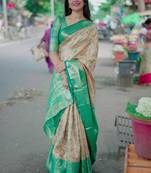 peach floral, zari woven faux kanjivaram saree with blouse