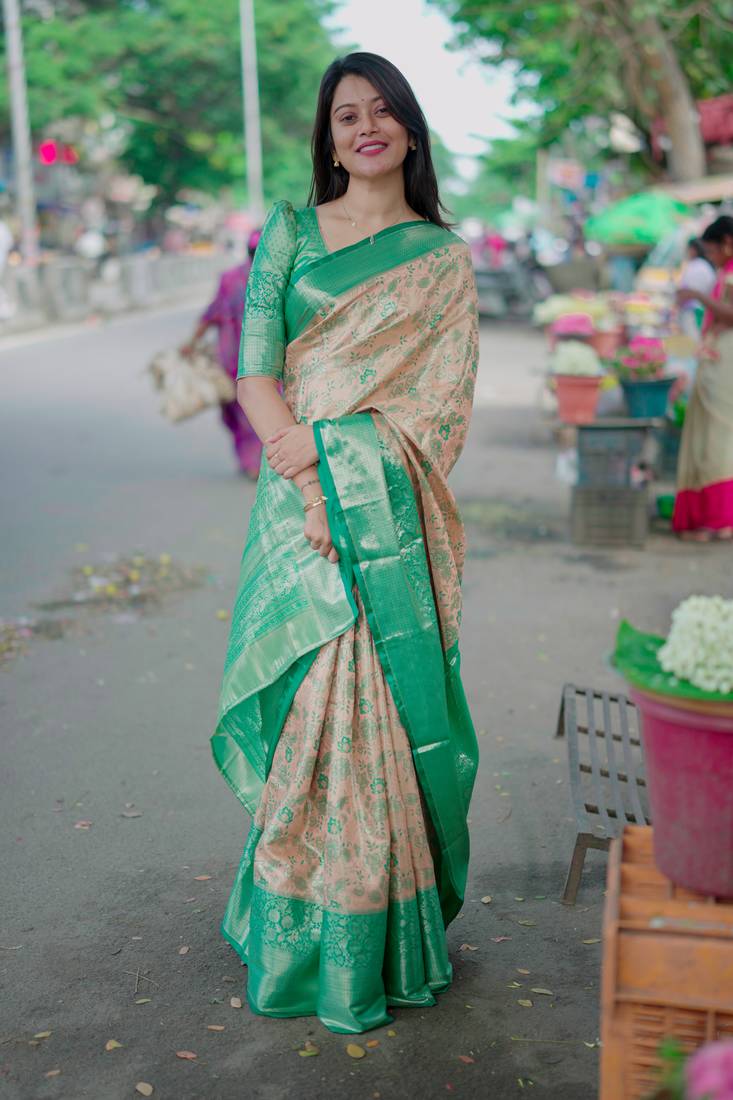 peach floral, zari woven faux kanjivaram saree with blouse