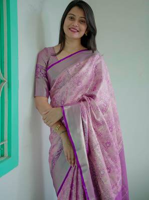 pink floral, zari woven faux kanjivaram saree with blouse 1