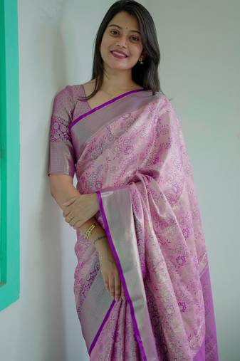 pink floral, zari woven faux kanjivaram saree with blouse