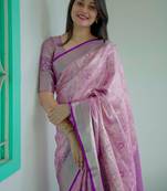 pink floral, zari woven faux kanjivaram saree with blouse