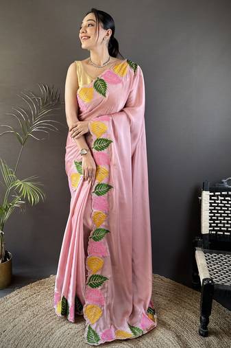 Baby pink floral emboidery, solid rangoli silk saree with blouse