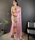 Baby pink floral emboidery, solid rangoli silk saree with blouse