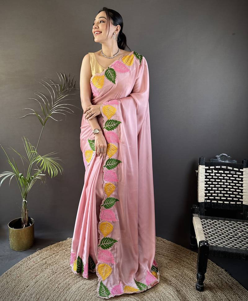 Baby pink floral emboidery, solid rangoli silk saree with blouse