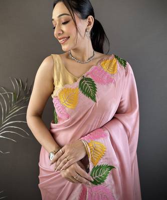 Baby pink floral emboidery, solid rangoli silk saree with blouse 2