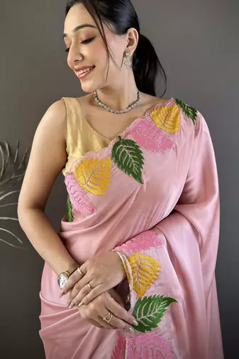 Baby pink floral emboidery, solid rangoli silk saree with blouse