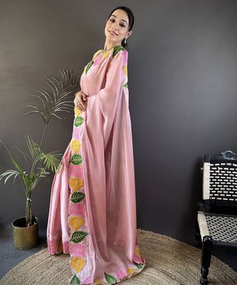 Baby pink floral emboidery, solid rangoli silk saree with blouse 3