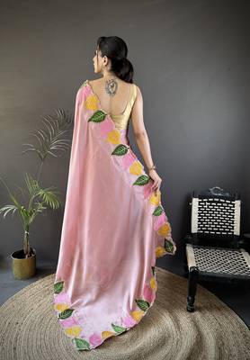 Baby pink floral emboidery, solid rangoli silk saree with blouse 4