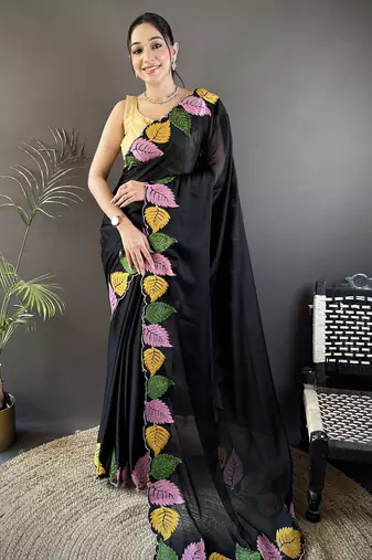 Black floral emboidery, solid rangoli silk saree with blouse