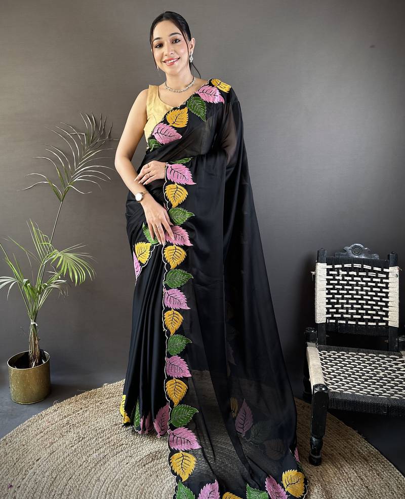 Black floral emboidery, solid rangoli silk saree with blouse