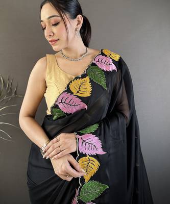 Black floral emboidery, solid rangoli silk saree with blouse 2
