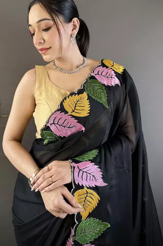Black floral emboidery, solid rangoli silk saree with blouse