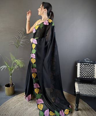 Black floral emboidery, solid rangoli silk saree with blouse 3