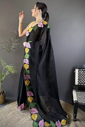 Black floral emboidery, solid rangoli silk saree with blouse